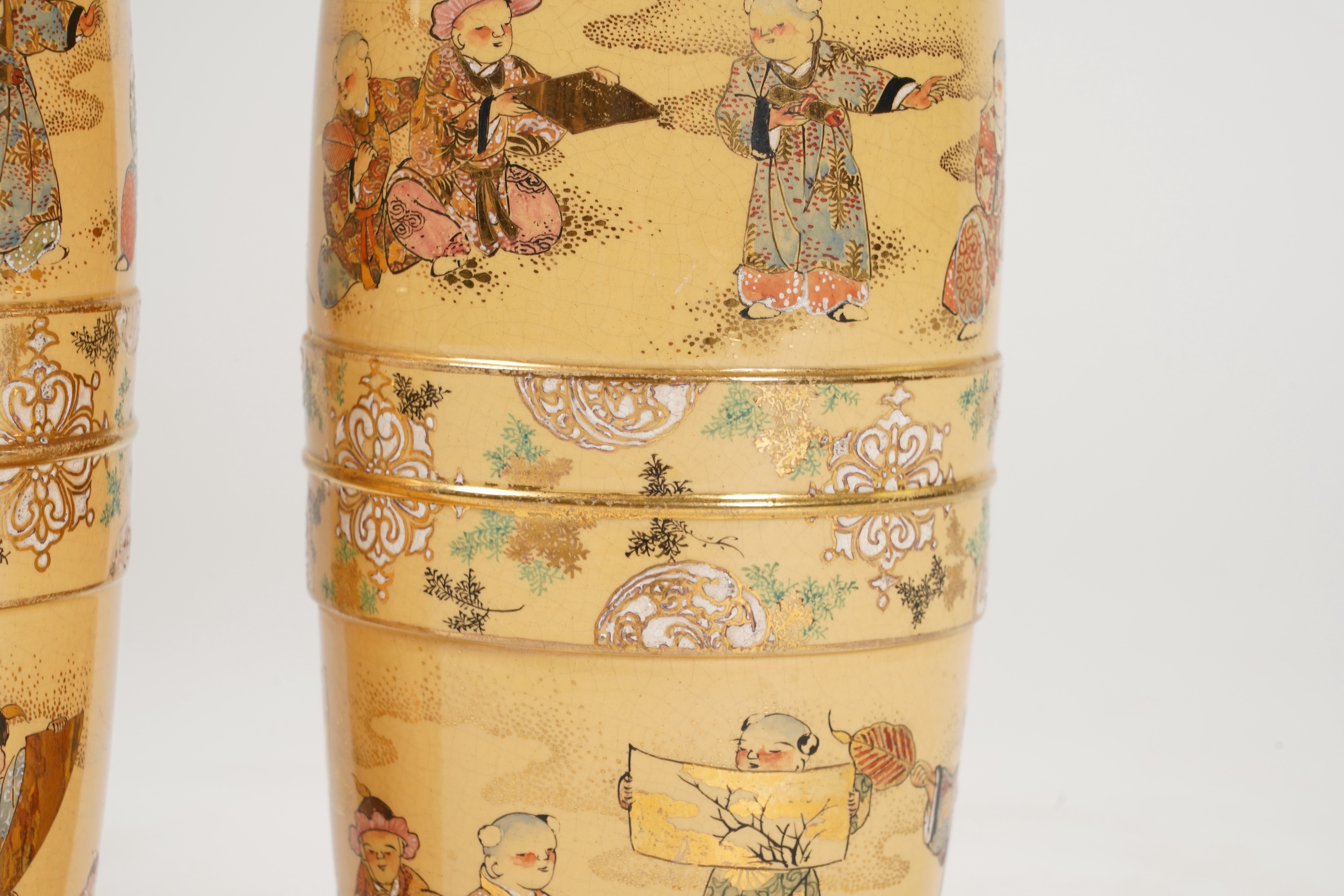 A rare pair of Japanese Satsuma lustre glazed vases, signed Fukumara, Meiji period